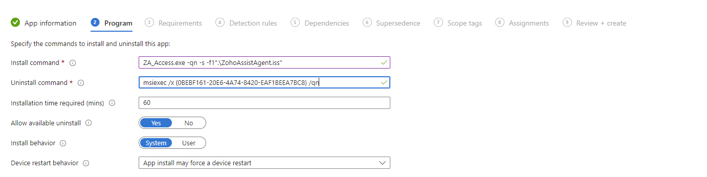 EXE 安装程序的安装命令在“程序”部分中输入。