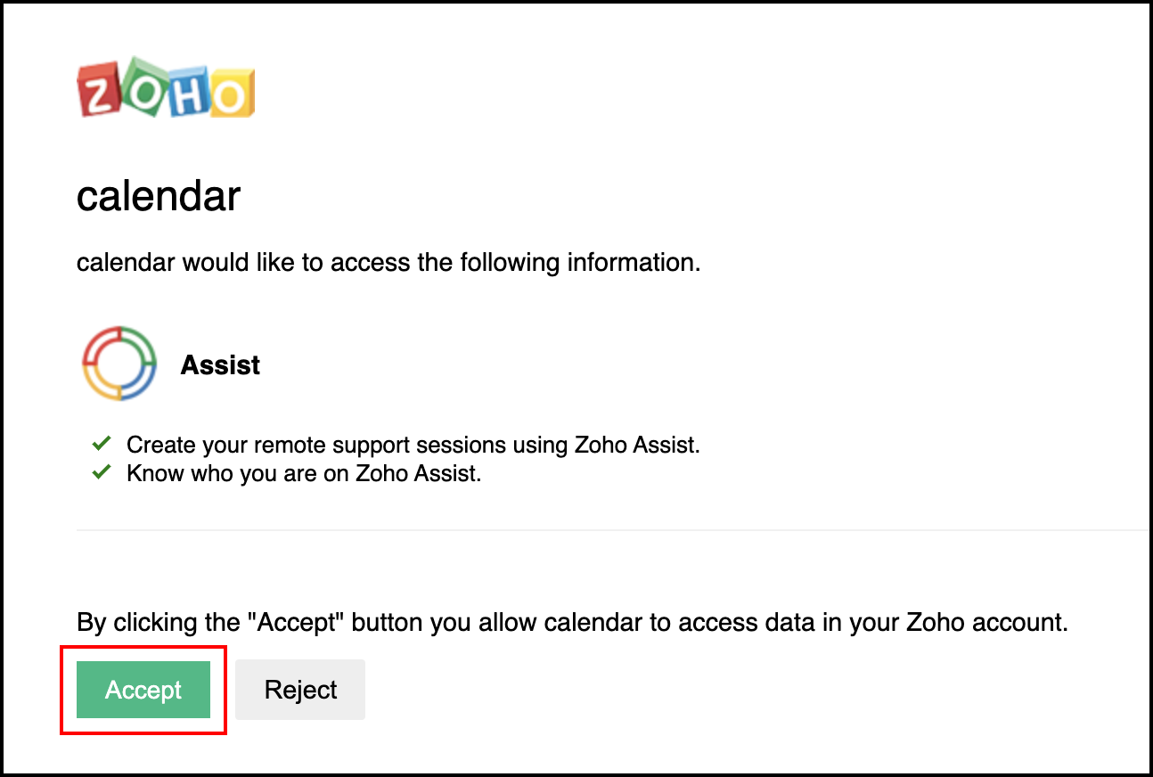 Zoho Assist 授权窗口