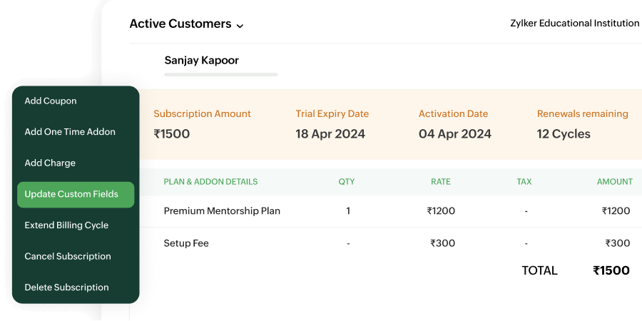Zoho Billing客户模块预览