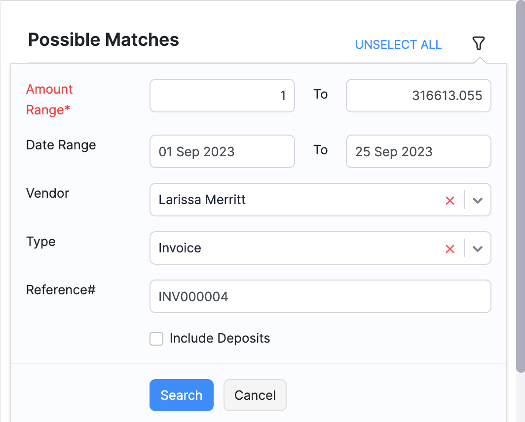 输入所需的详细信息以过滤交易