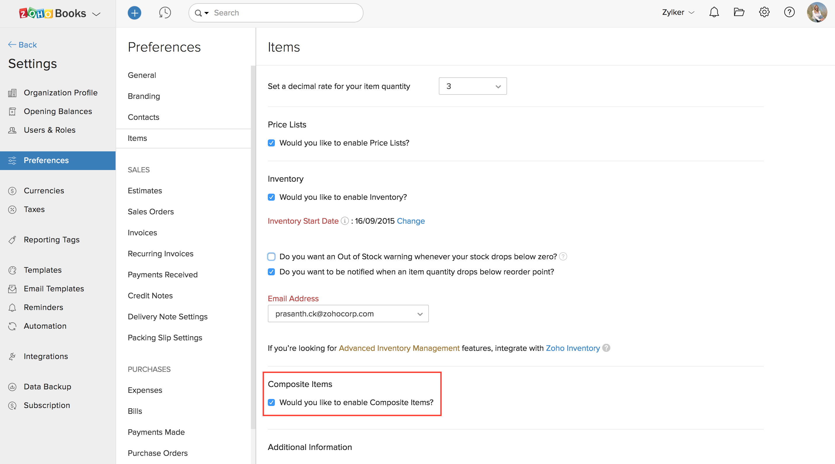 组合项目偏好设置