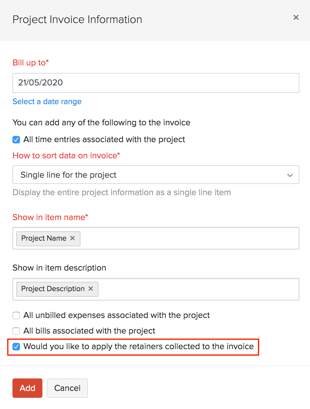 将预付款应用到项目