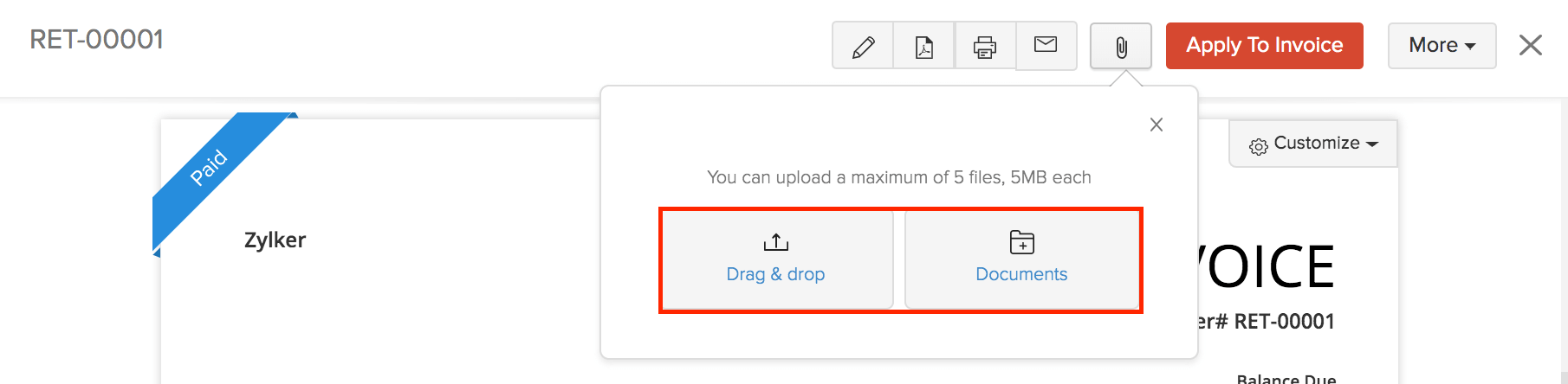 在预付款发票中附加文件