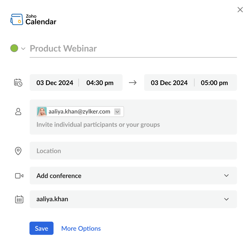 在 MS Exchange 日历中显示 Zoho Calendar 用户日程 - 仪表板 1