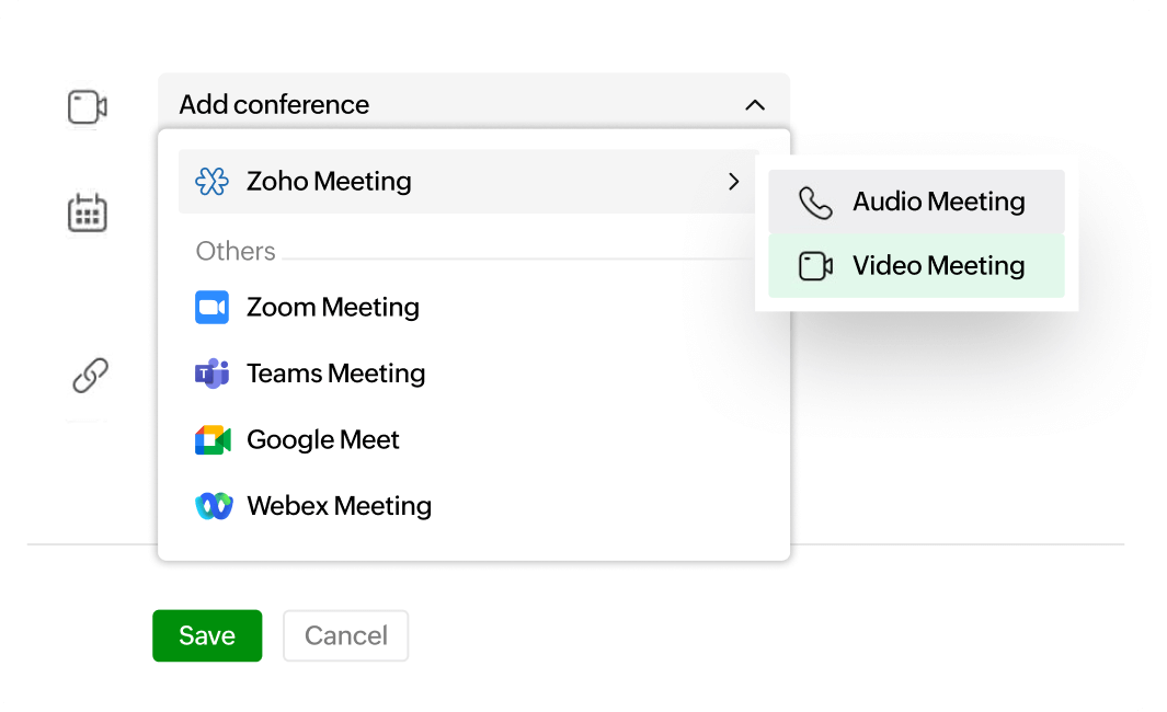 Zoho Calendar 显示用于选择首选会议应用的选项
