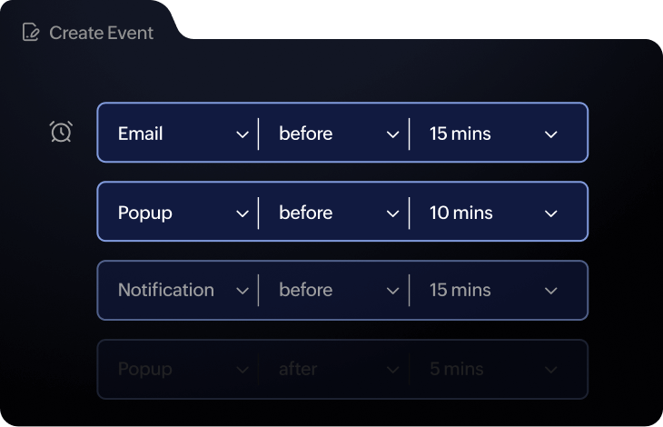 Zoho Calendar 窗口显示正在为活动设置自定义提醒