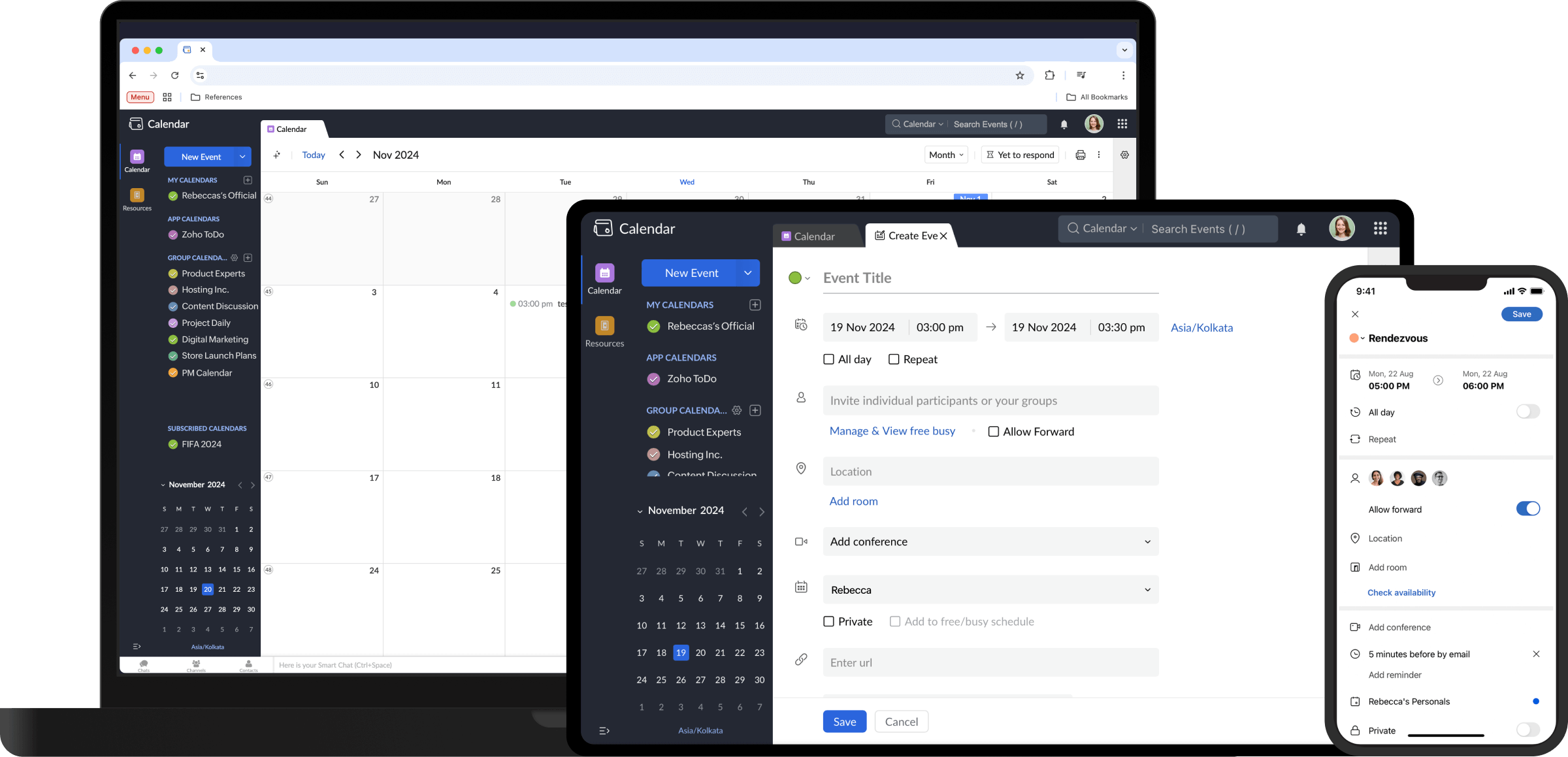 展示 Zoho Calendar 如何在笔记本、平板电脑与手机间实现同步