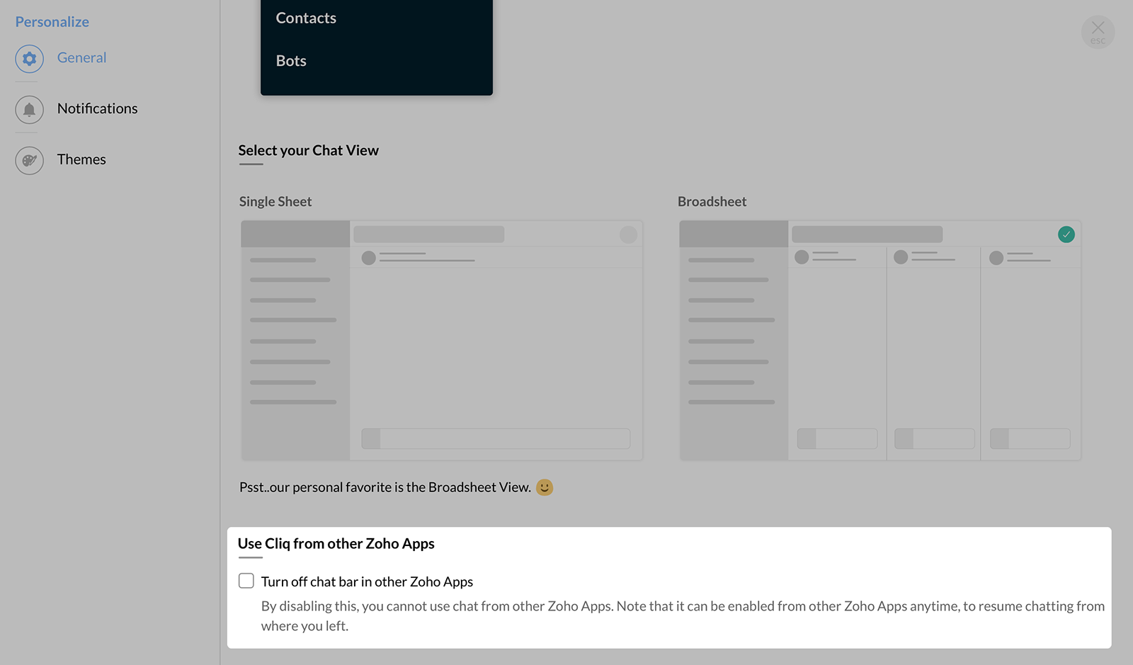 转到“个性化”，并在“常规”中选择在其他 Zoho 应用中禁用聊天栏