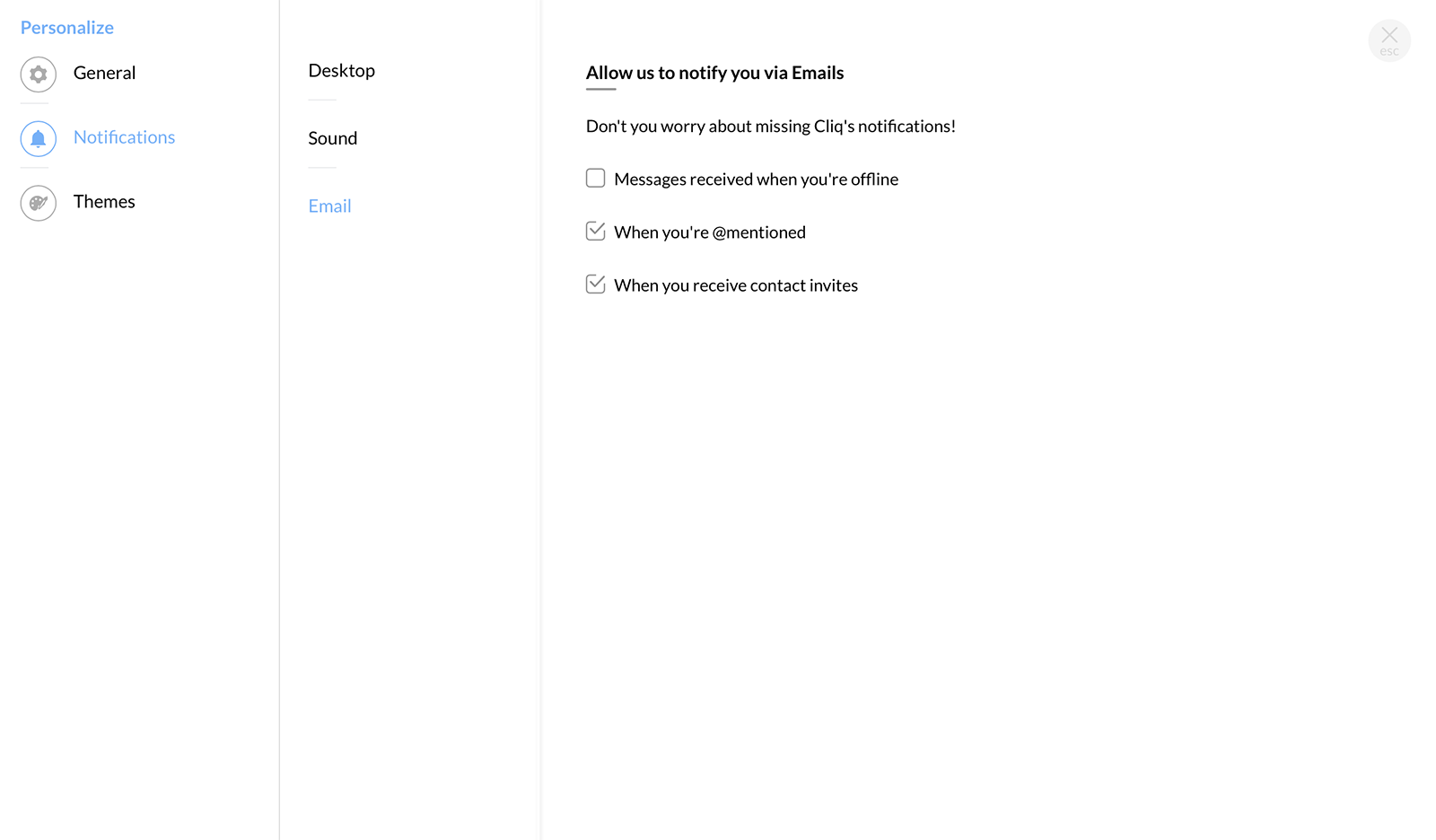 在“个性化”中的“通知”下，您可以配置电子邮件通知。