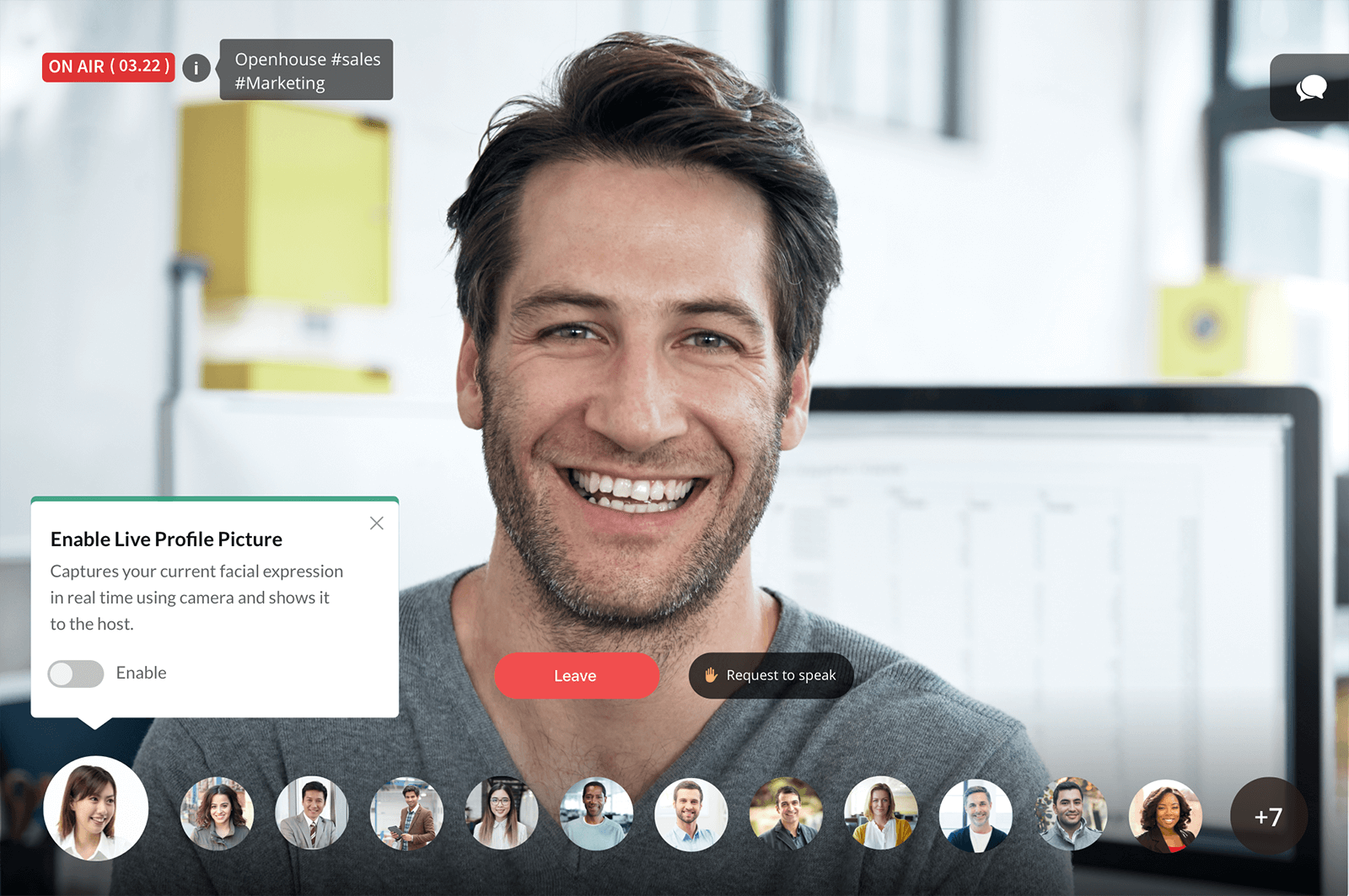 在 PrimeTime 会话中，您现在随时可以启用/禁用实时个人资料图片。将鼠标指针悬停在您的个人资料上，即可完成此操作。