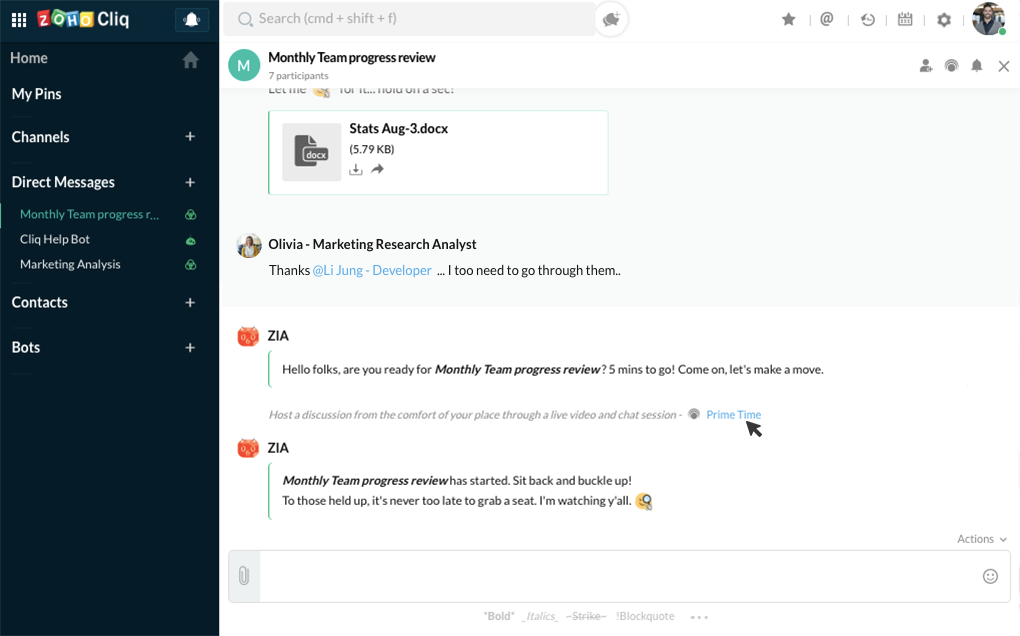 ZIA 还会正好在活动开始前提醒创建者，并且还会允许组织 PrimeTime 会话