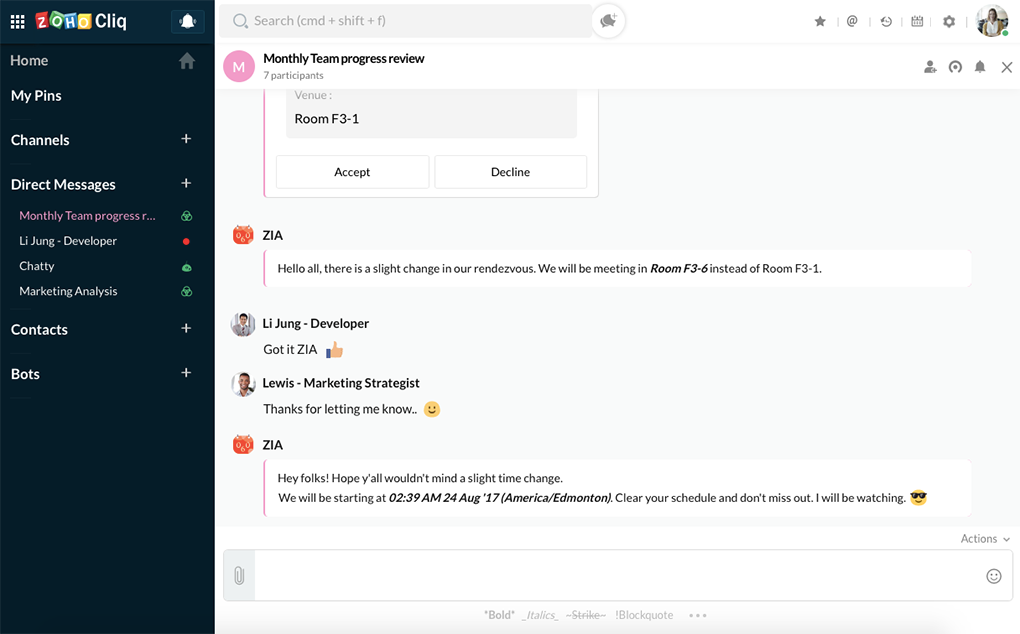 创建者进行的每一项重新安排都由 ZIA 通知