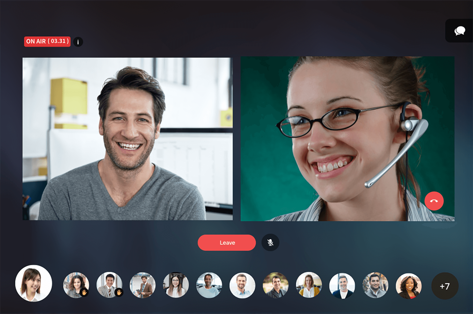 用户的动态画面出现在会话中,位于主持人旁边 获得批准后,用户的动态画面就会出现在屏幕上,位于主持人旁边