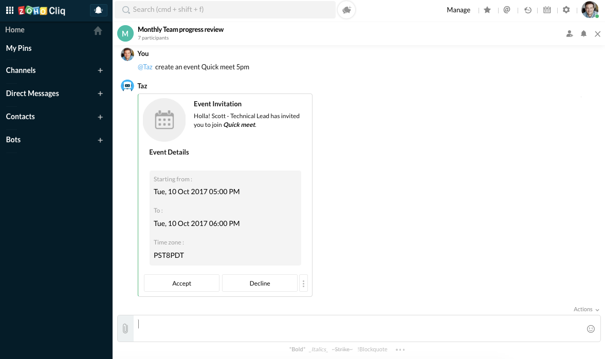 Taz 将活动以消息卡形式发布在聊天中