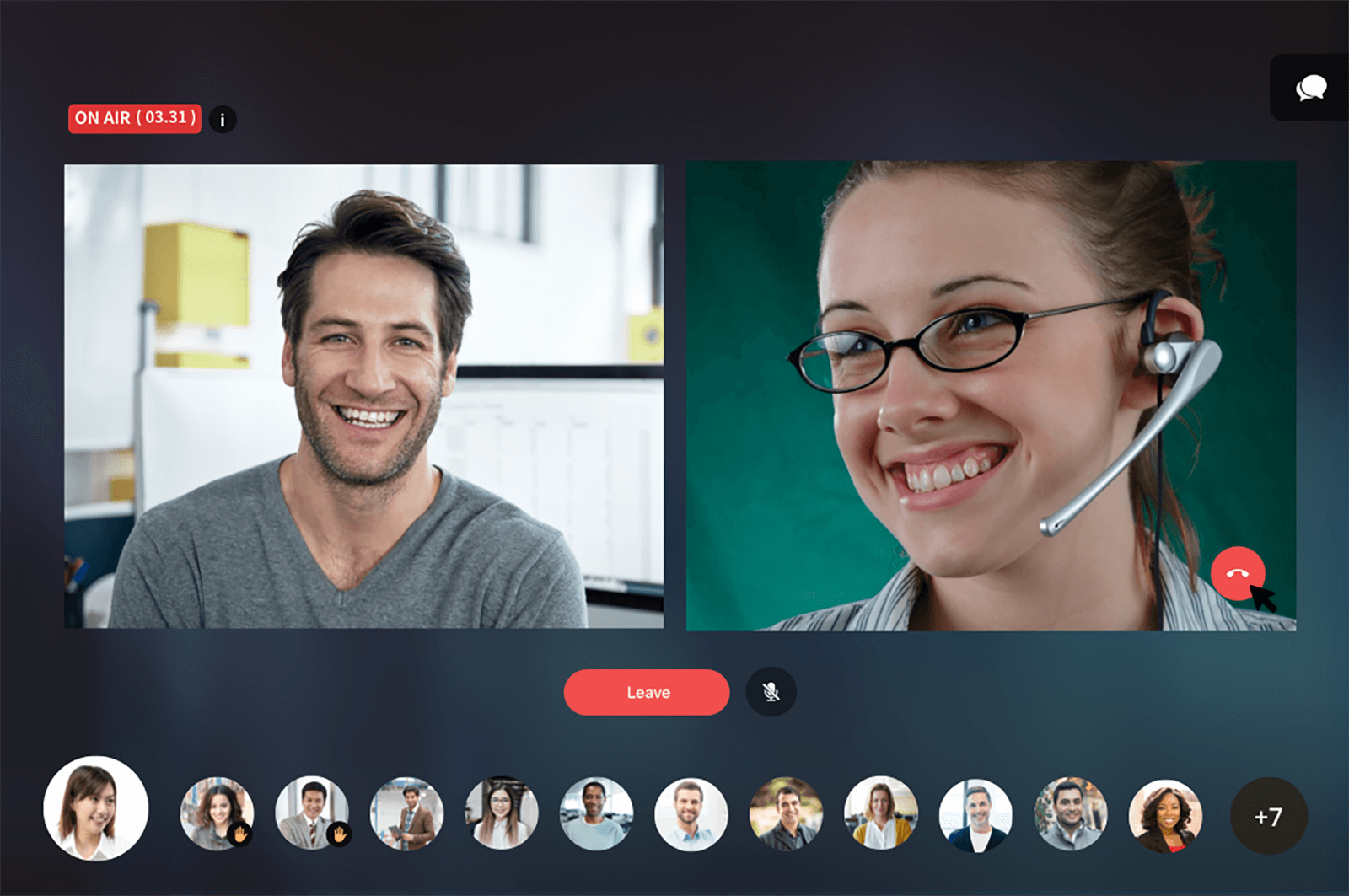 “结束通话”图标 用户应单击“结束通话”图标以结束其屏幕上的实时会话。