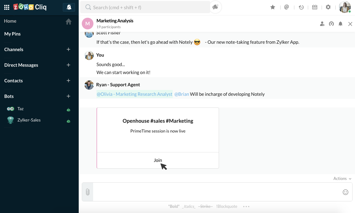在创建该会话的群组聊天或频道中，将会显示消息卡。点击“加入”。