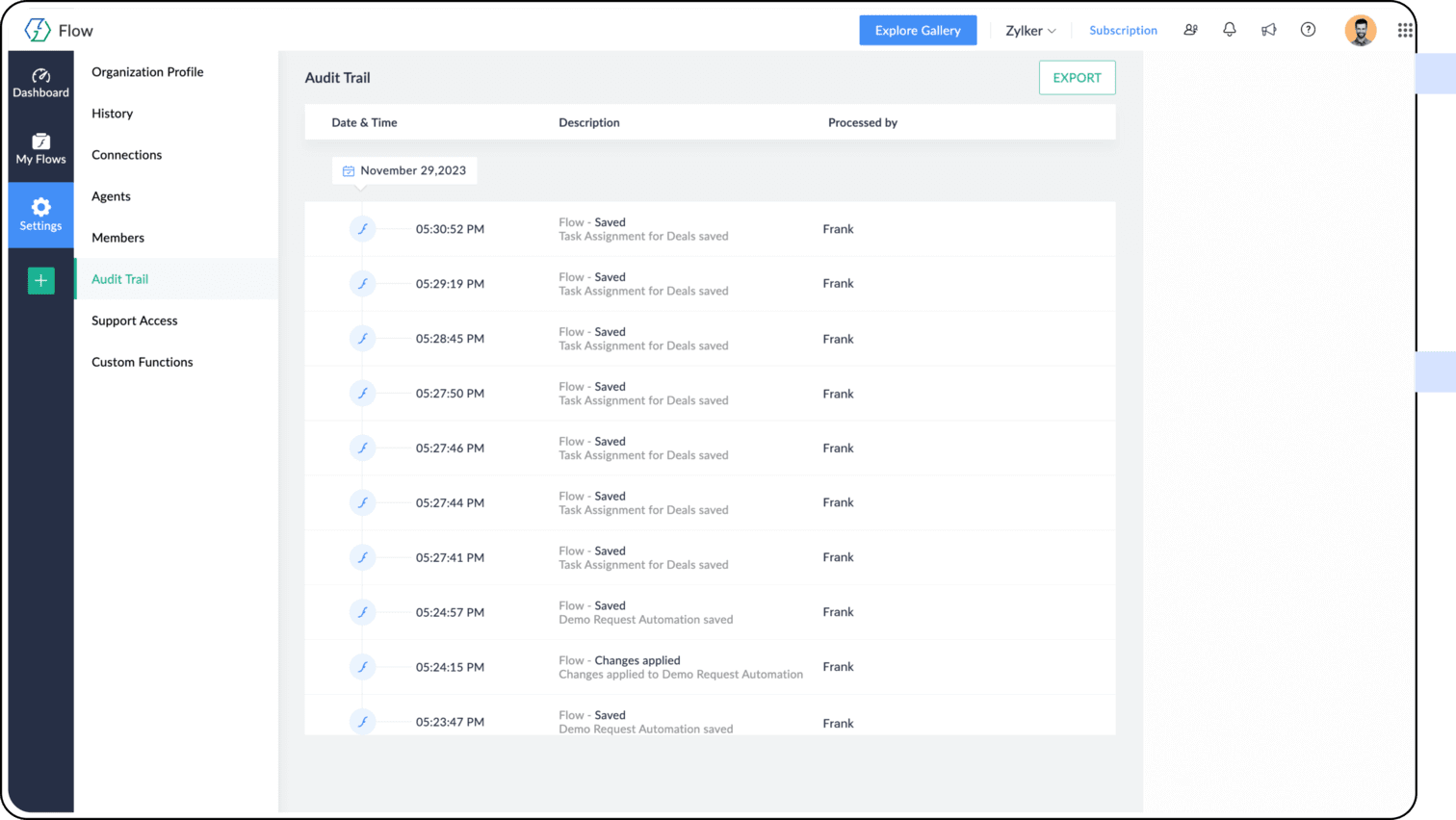 访问 Zoho Flow 帐户中所有活动的日志