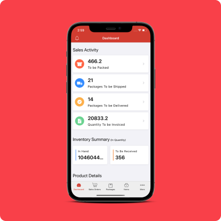 Zoho Inventory 仪表板 | 桌面端和移动端