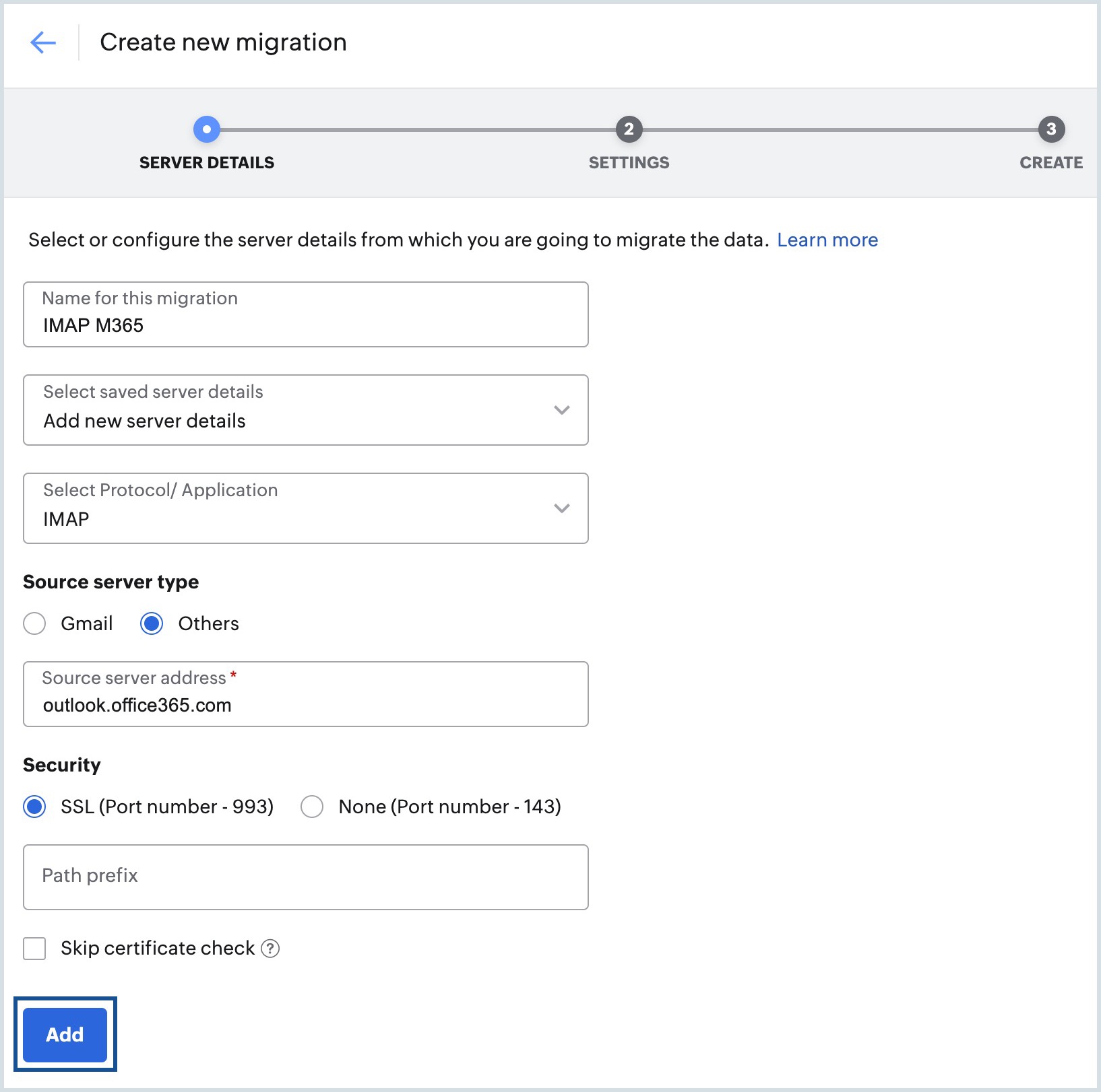 IMAP 服务器设置 添加服务器设置