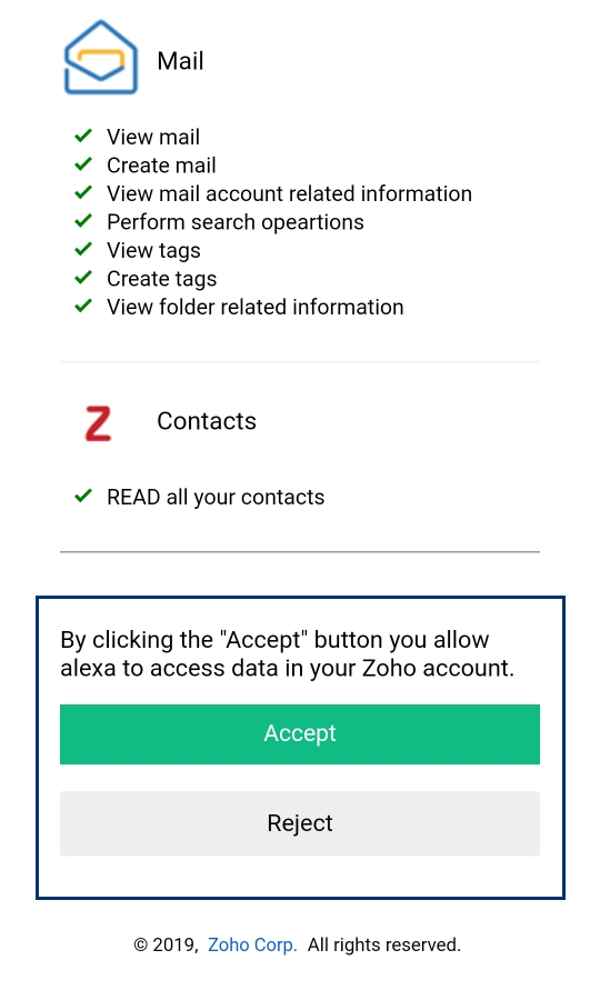 同意允许 Alexa 访问您的 Zoho 帐户数据