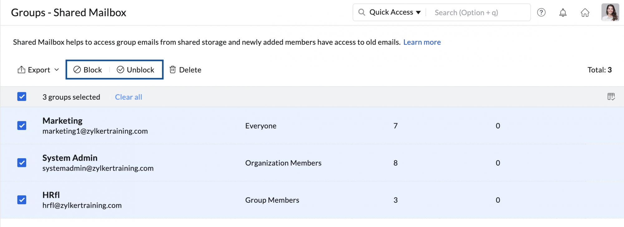阻止/解除阻止共享邮箱