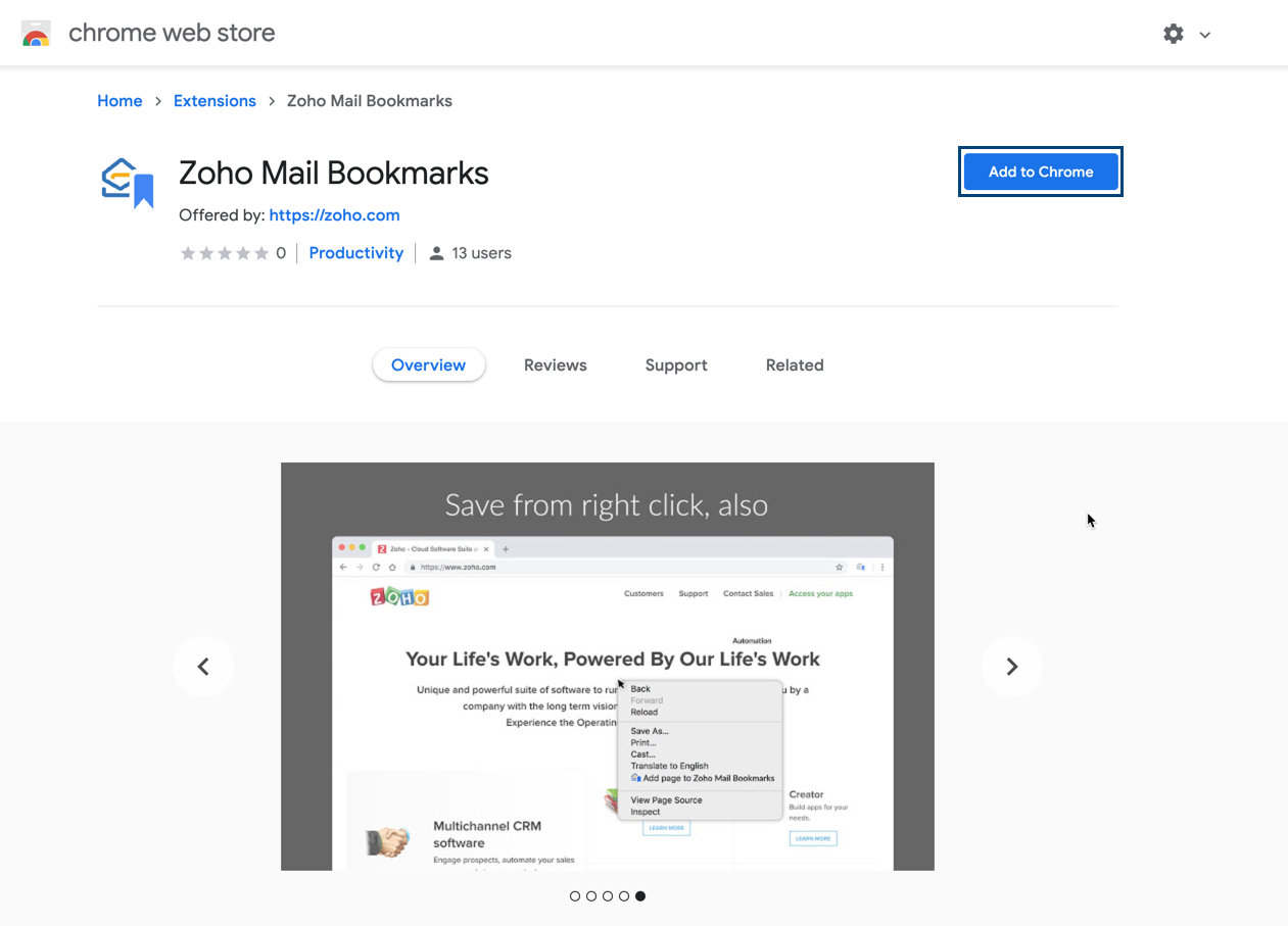 适用于 Google Chrome 的 Zoho Mail Bookmarks