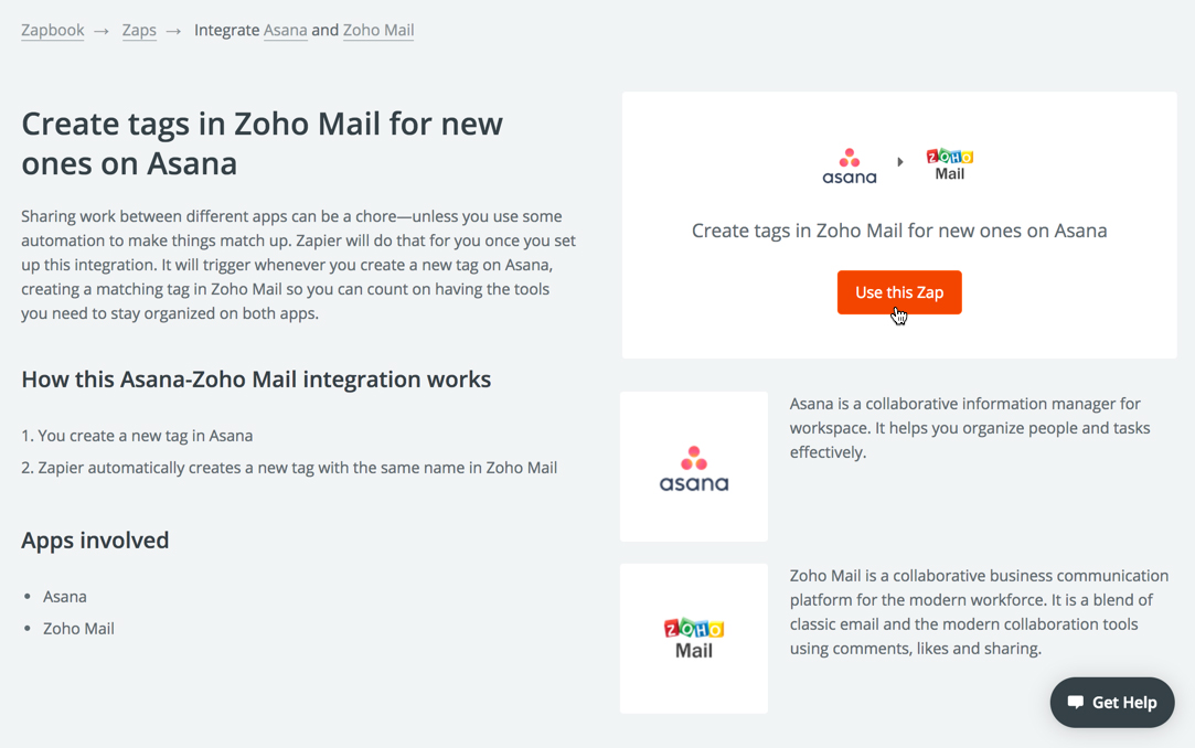 Asana 与 Zoho Mail 的集成