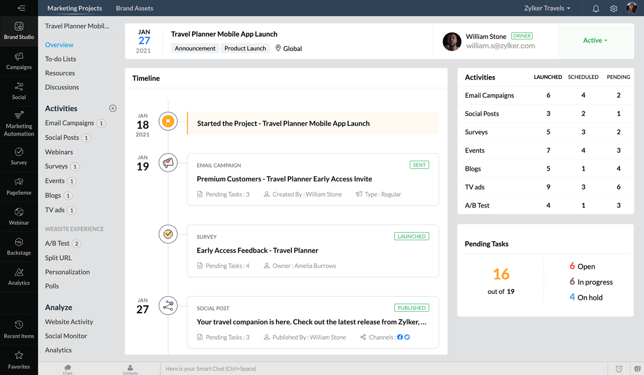 从一个平台无缝自信地管理营销工作。使用 Zoho Marketing Plus 发送营销电子邮件、短信、调研、社交媒体、网络研讨会等