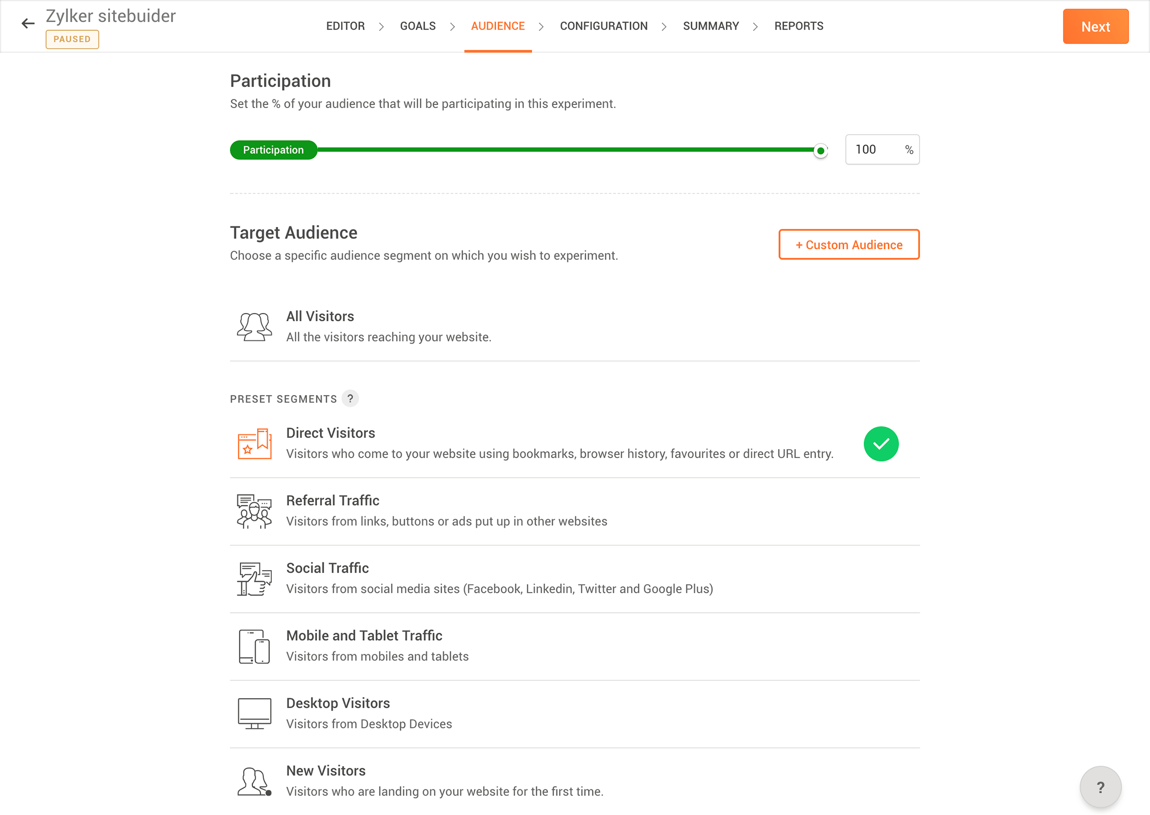 Zoho PageSense ab test audience targeting