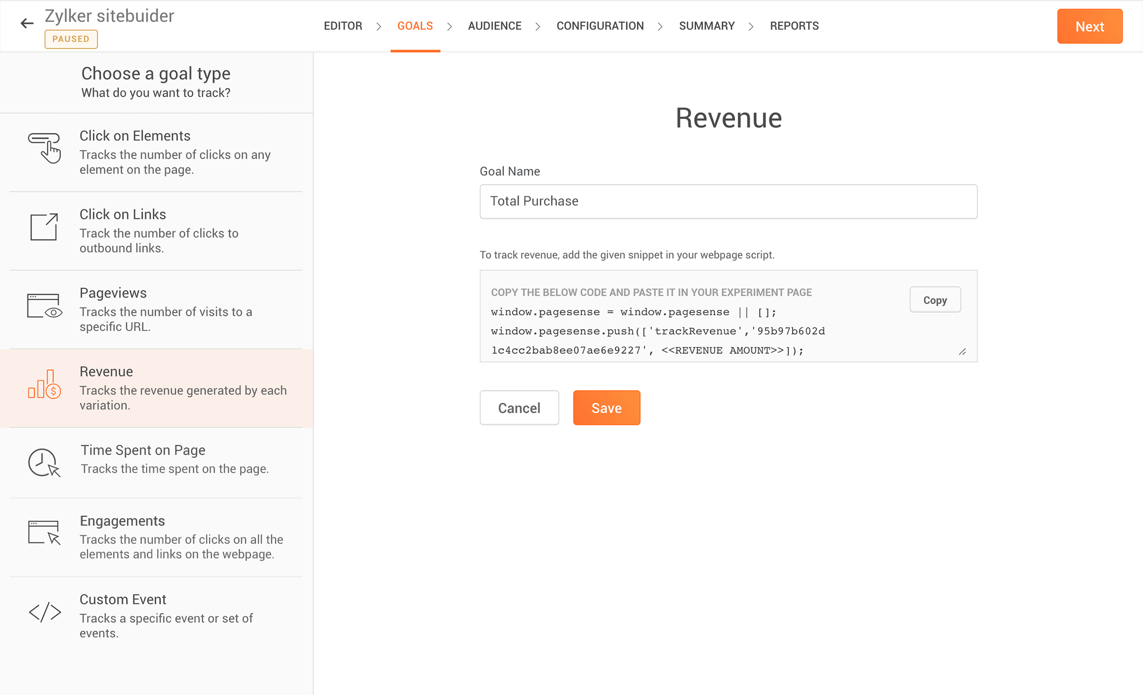 Zoho PageSense ab test setting goals
