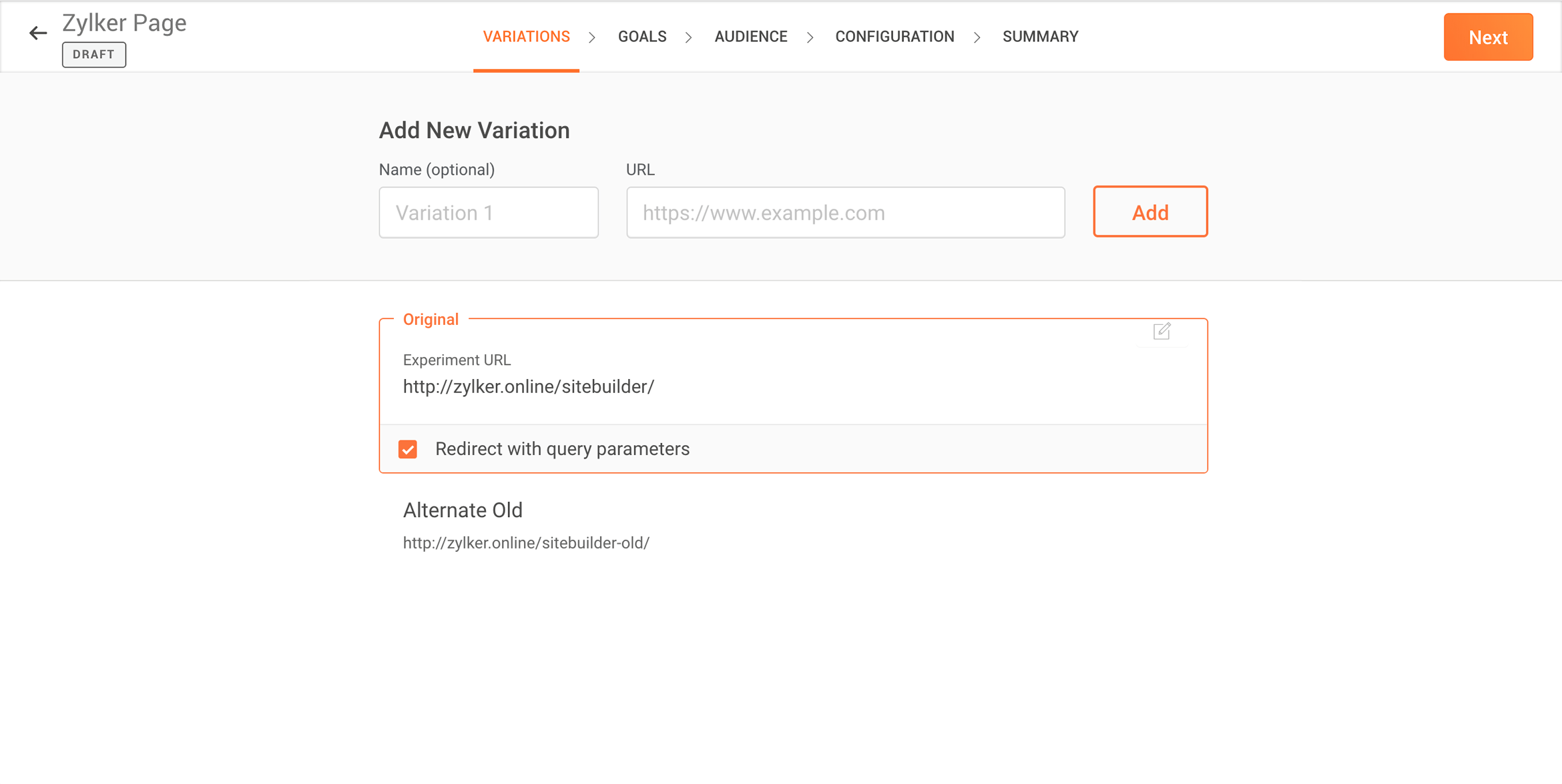 Zoho PageSense Split URL test add variations