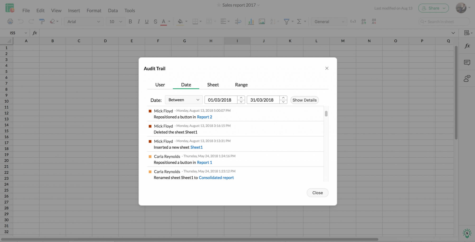 Zoho Sheet 操作跟踪