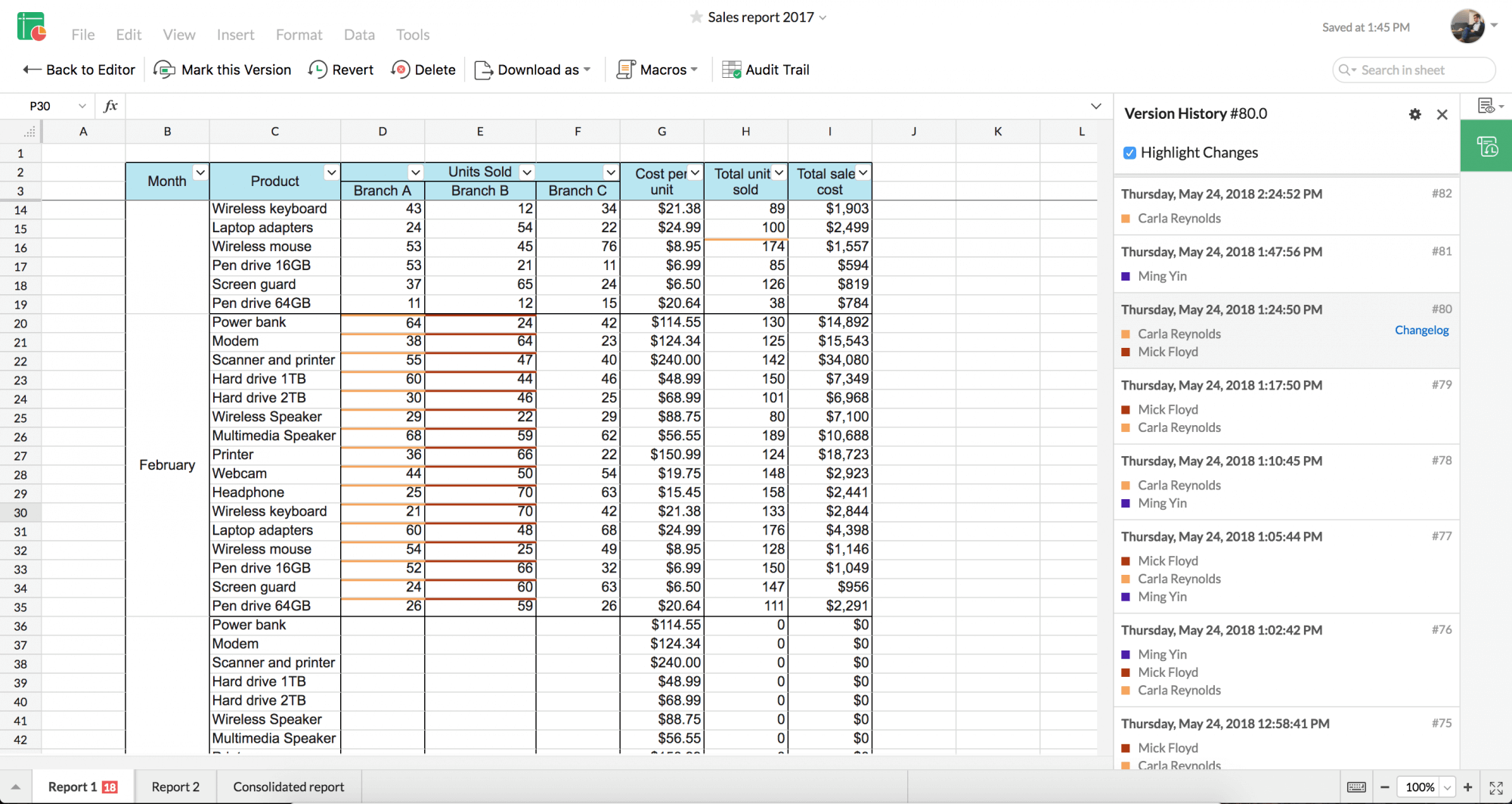 Zoho Sheet 中的版本历史记录