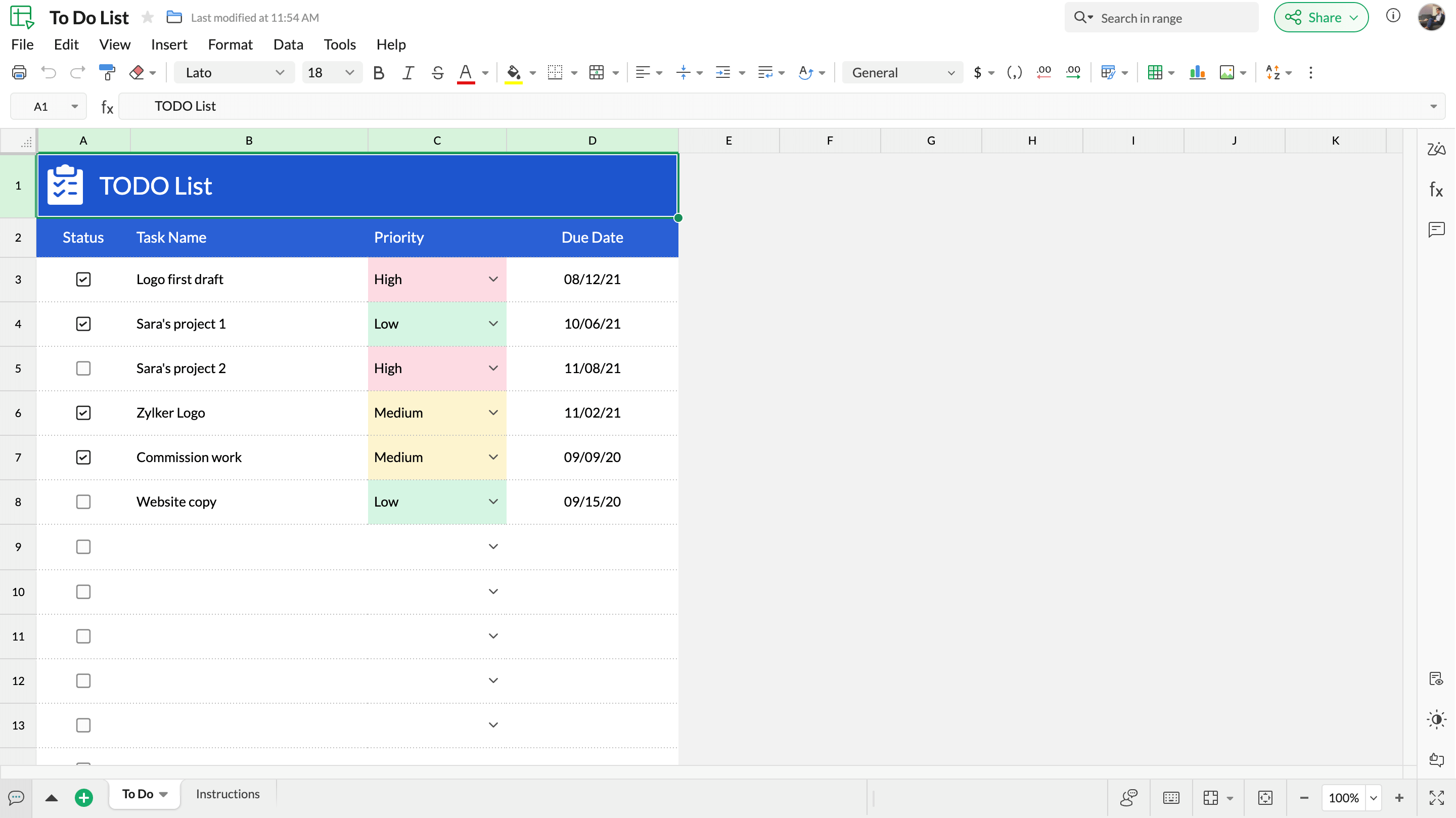 Zoho Sheet 待办事项列表模板的截图