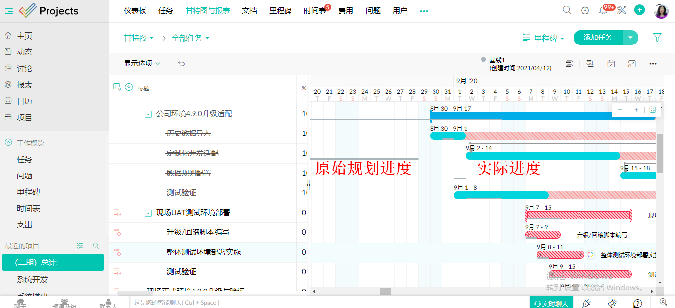 基线，记录项目实际进度与规划的偏差